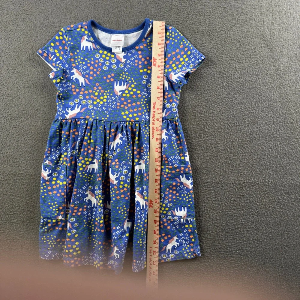Hanna Andersson Pocket Dress Youth 5 Blue Unicorn Floral Cotton Casual Everyday